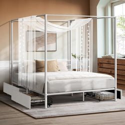 Canopy Queen Bed Frame with 2 Drawers White