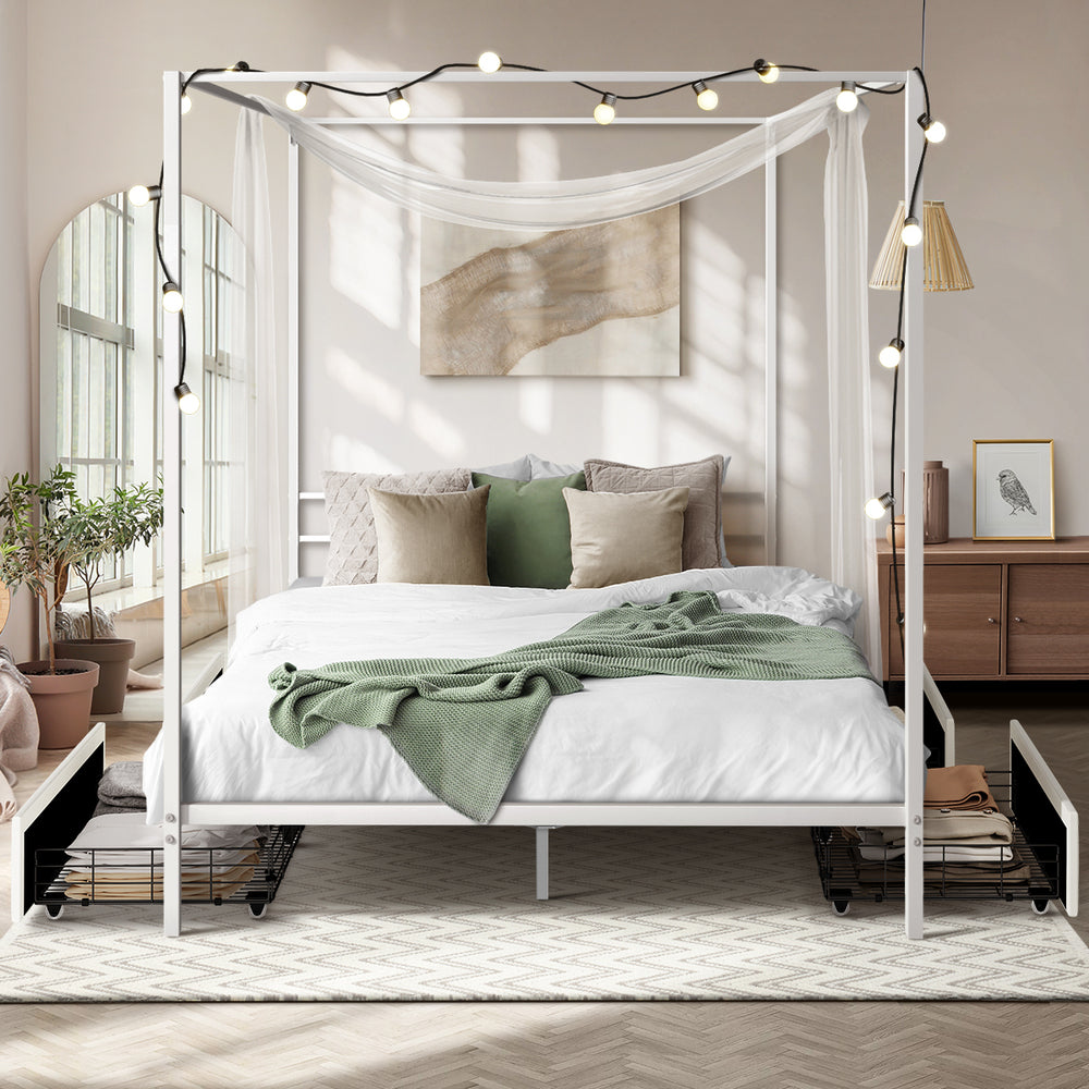 Canopy Queen Bed Frame with 2 Drawers White - 5