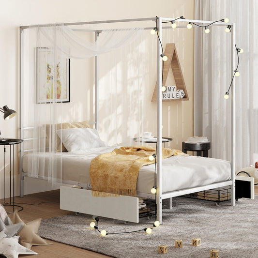 Canopy Single Bed Frame with 2 Drawers White