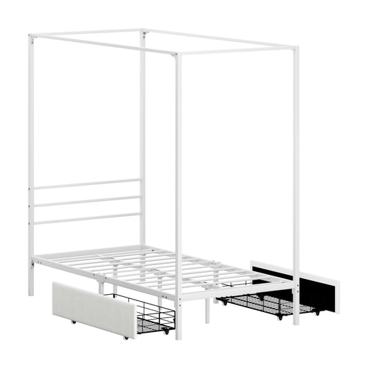 Canopy Single Bed Frame with 2 Drawers White