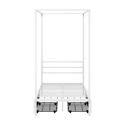 Canopy Single Bed Frame with 2 Drawers White