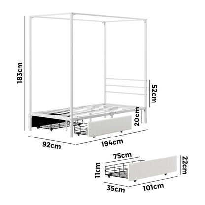 Canopy Single Bed Frame with 2 Drawers White