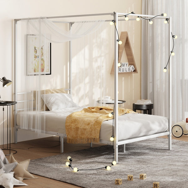  Metal Canopy Bed Frame Single Size Beds Platform White