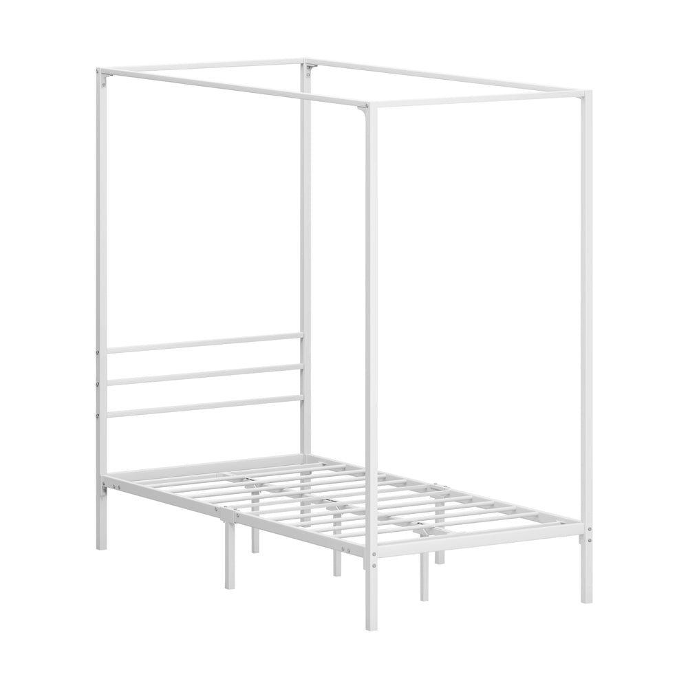 Metal Canopy Bed Frame Single Size Beds Platform White - 4