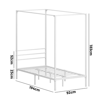 Metal Canopy Bed Frame Single Size Beds Platform White - 3