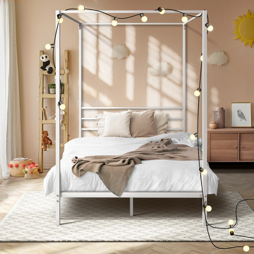 Metal Canopy Bed Frame Single Size Beds Platform White - 2
