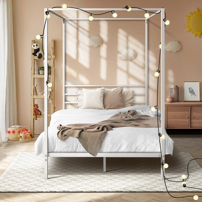 Metal Canopy Bed Frame Single Size Beds Platform White - 2