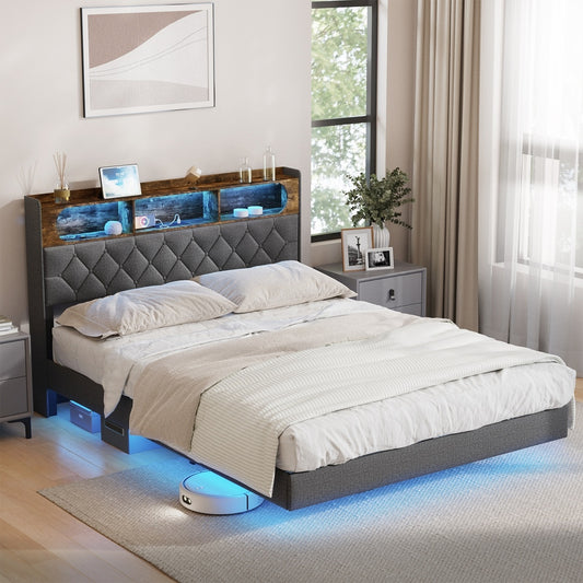 Queen Size Floating Bed Frame With LED 219x154x109.5cm