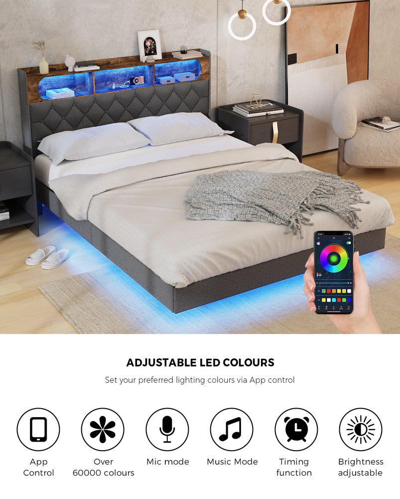 Queen Size Floating Bed Frame With LED 219x154x109.5cm