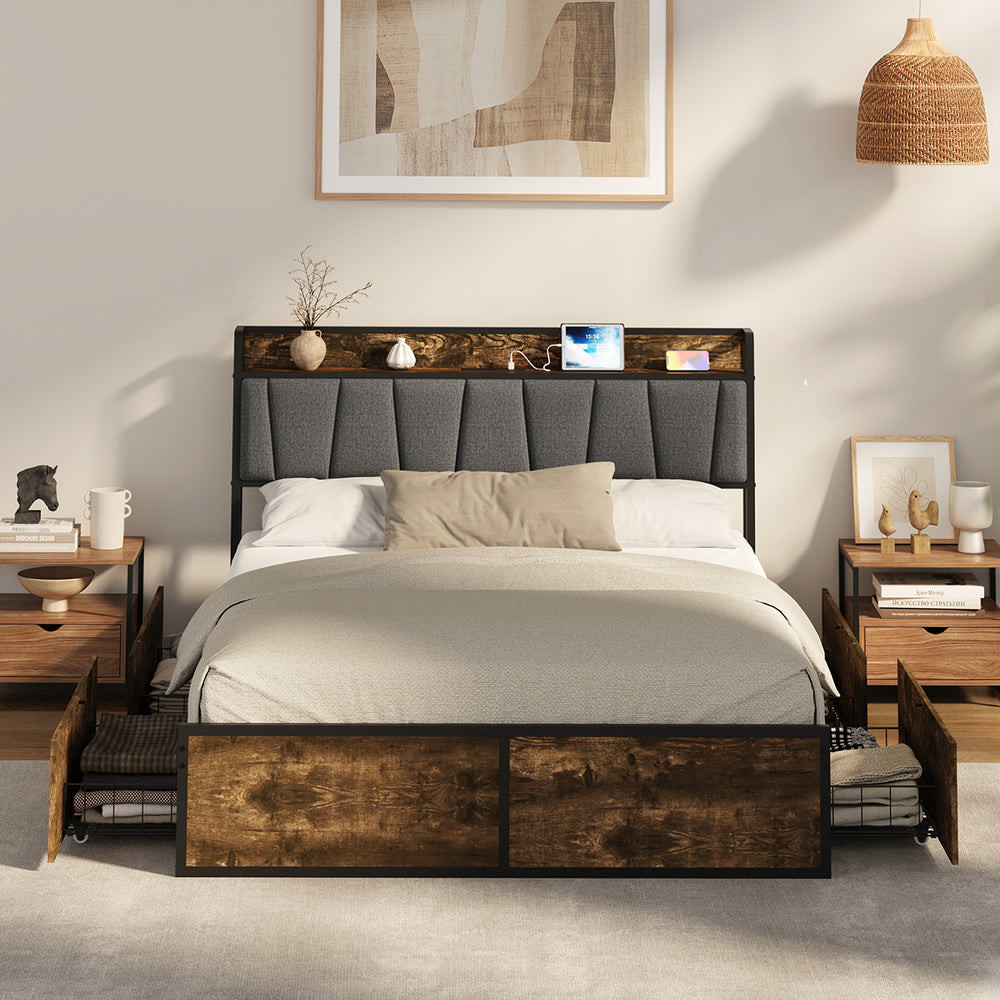 Metal Bed Frame Storage Headboard 220x157.5x104.5cm