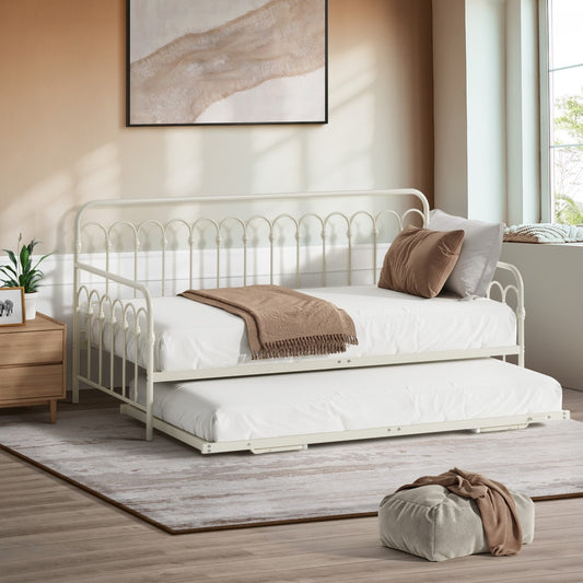 Trundle Bed Frame Daybed Single Size Metal Base in Beige for Bedroom Use