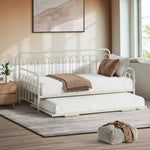 Trundle Bed Frame Daybed Single Size Metal Base in Beige for Bedroom Use