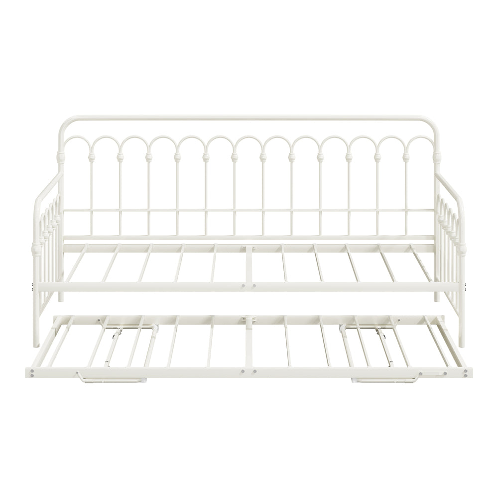 Trundle Bed Frame Daybed Single Size Metal Base in Beige for Bedroom Use