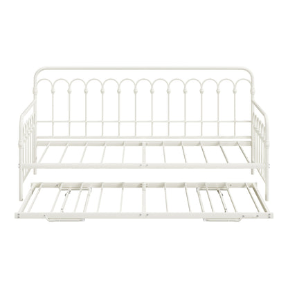 Trundle Bed Frame Daybed Single Size Metal Base in Beige for Bedroom Use