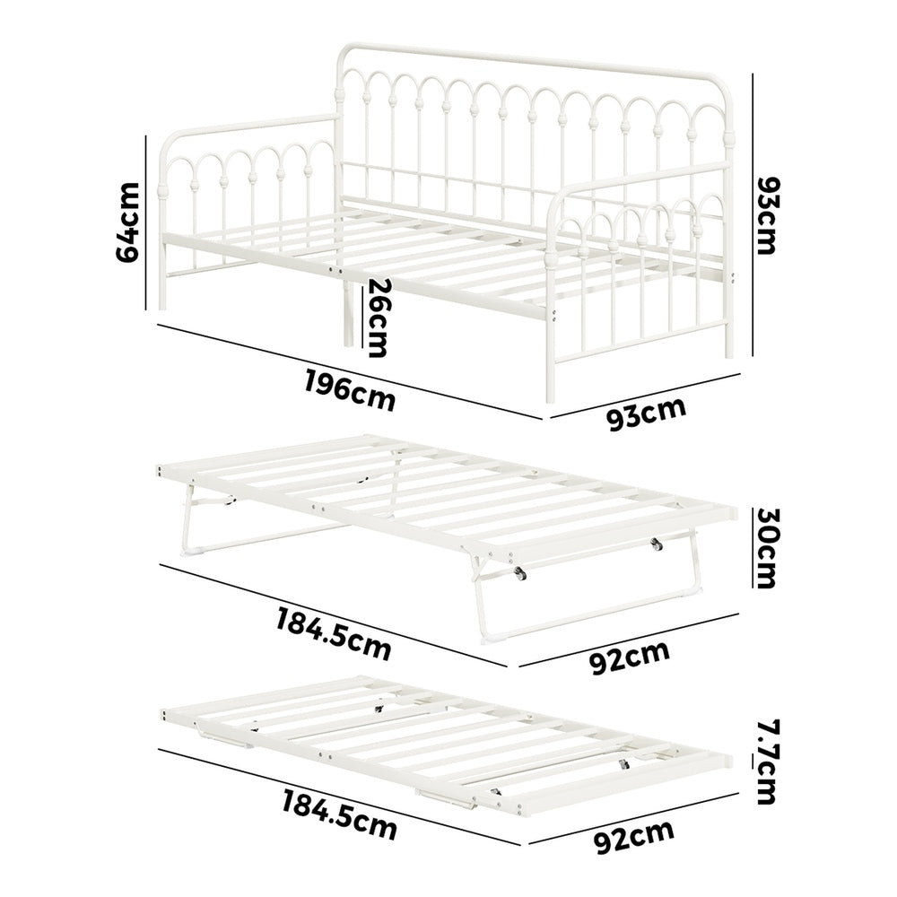 Trundle Bed Frame Daybed Single Size Metal Base in Beige for Bedroom Use