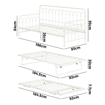 Trundle Bed Frame Daybed Single Size Metal Base in Beige for Bedroom Use