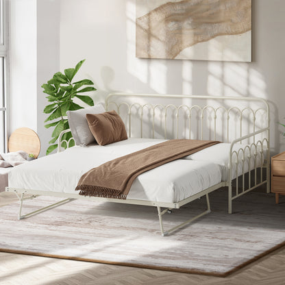 Trundle Bed Frame Daybed Single Size Metal Base in Beige for Bedroom Use