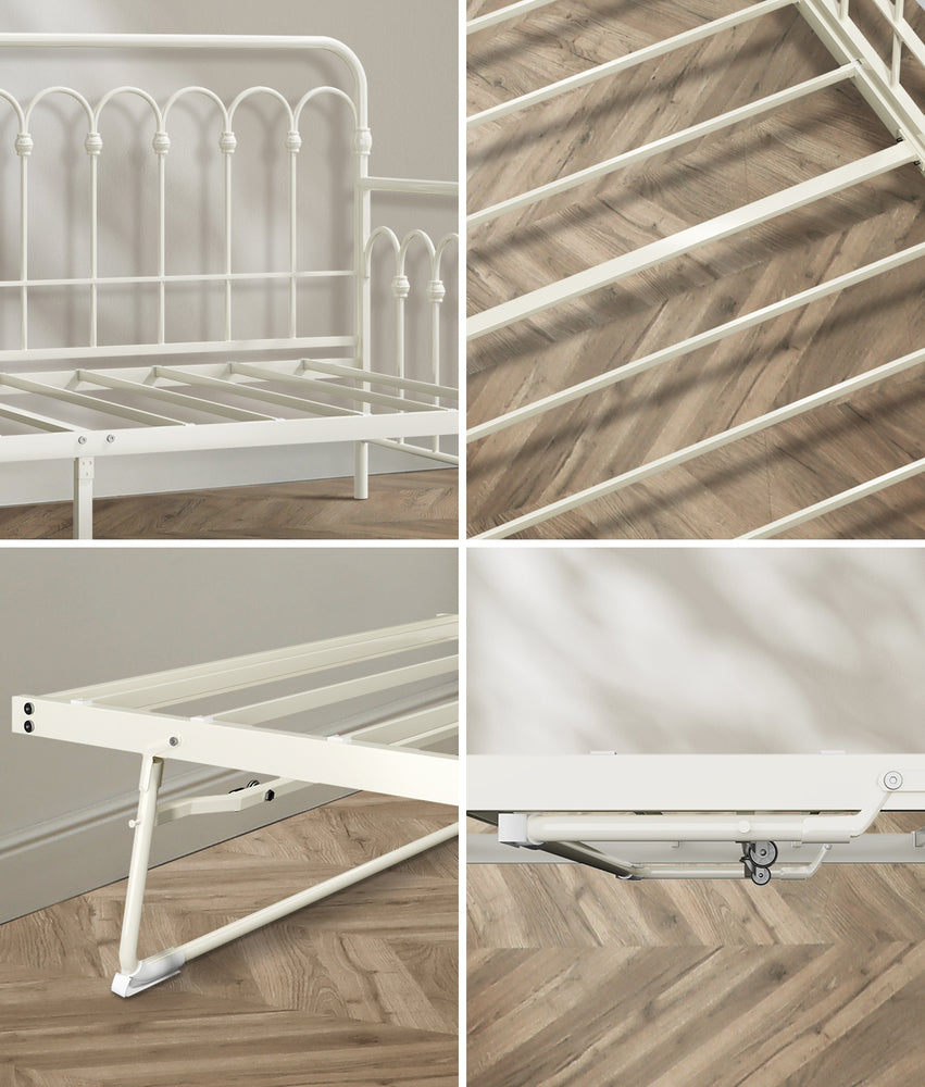 Trundle Bed Frame Daybed Single Size Metal Base in Beige for Bedroom Use