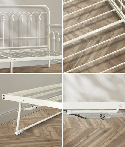 Trundle Bed Frame Daybed Single Size Metal Base in Beige for Bedroom Use