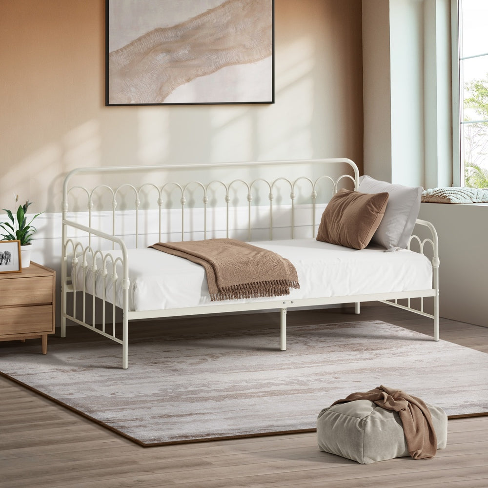 Metal Daybed Frame Single Size Sofa Bed Steel Slat Beige/Black
