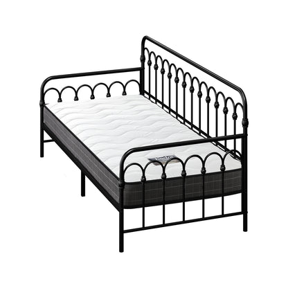 Metal Daybed Frame Single Sofa Bed with 13cm Mattress - Black & Beige
