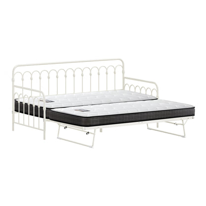 Trundle Bed Frame Single Size Beige with Mattress x2