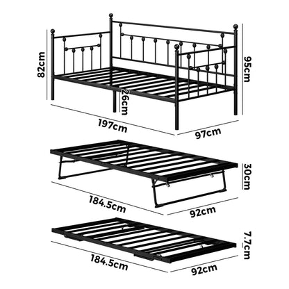 Metal Trundle Bed Frame Single 197x97x95cm