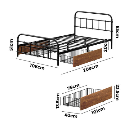Metal Bed Frame King Single Black 209x108x83cm