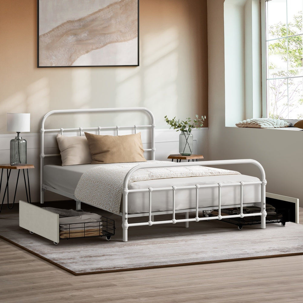 Metal Bed Frame King Single Bed Base with 2 Drawers White