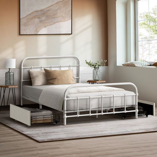 Metal Bed Frame King Single Bed Base with 2 Drawers White