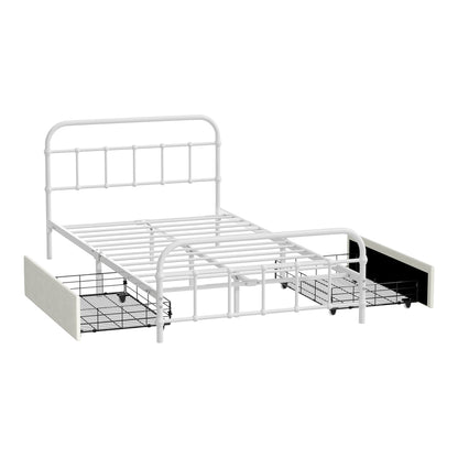Metal Bed Frame King Single Bed Base with 2 Drawers White