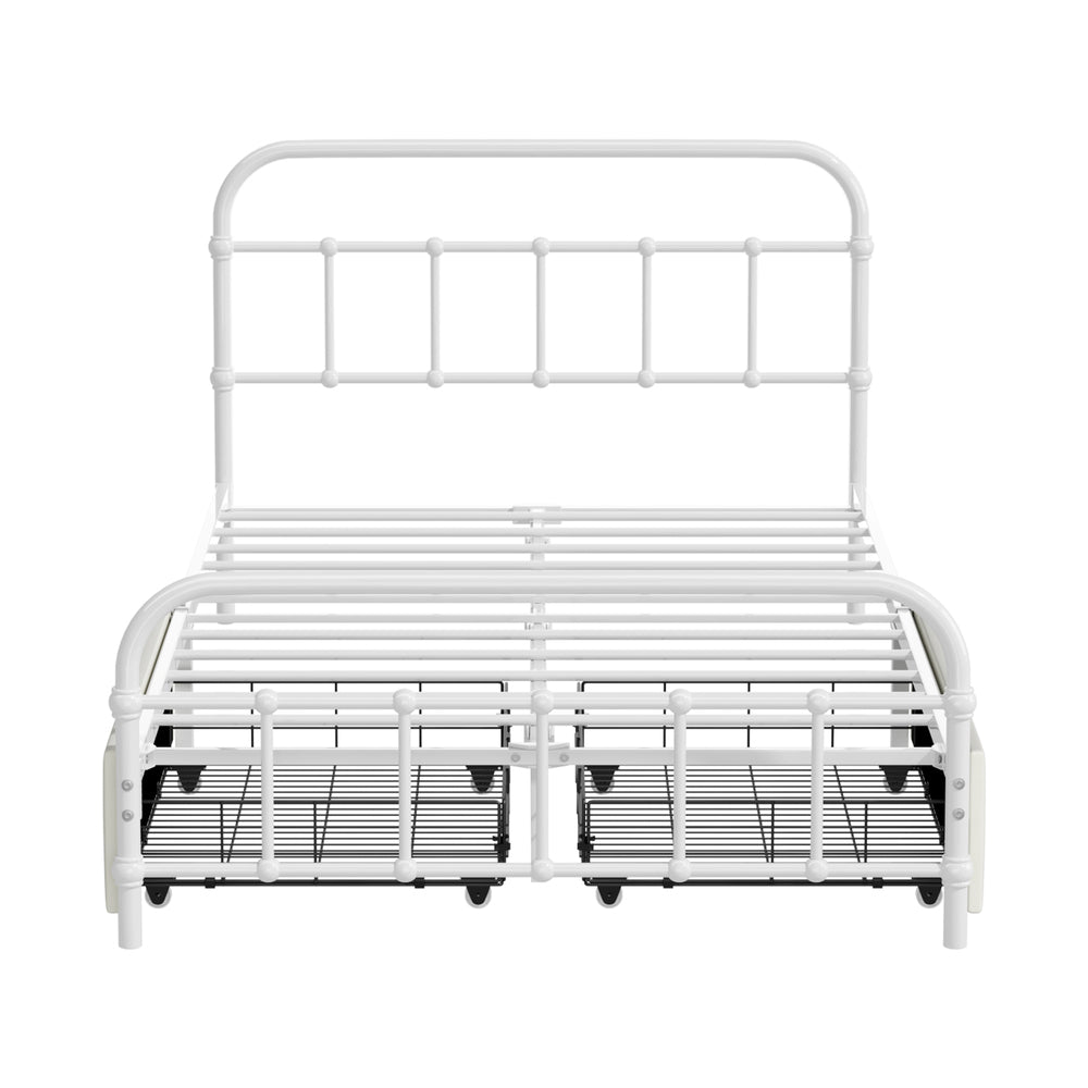 Metal Bed Frame King Single Bed Base with 2 Drawers White