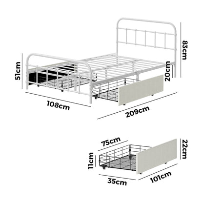 Metal Bed Frame King Single Bed Base with 2 Drawers White