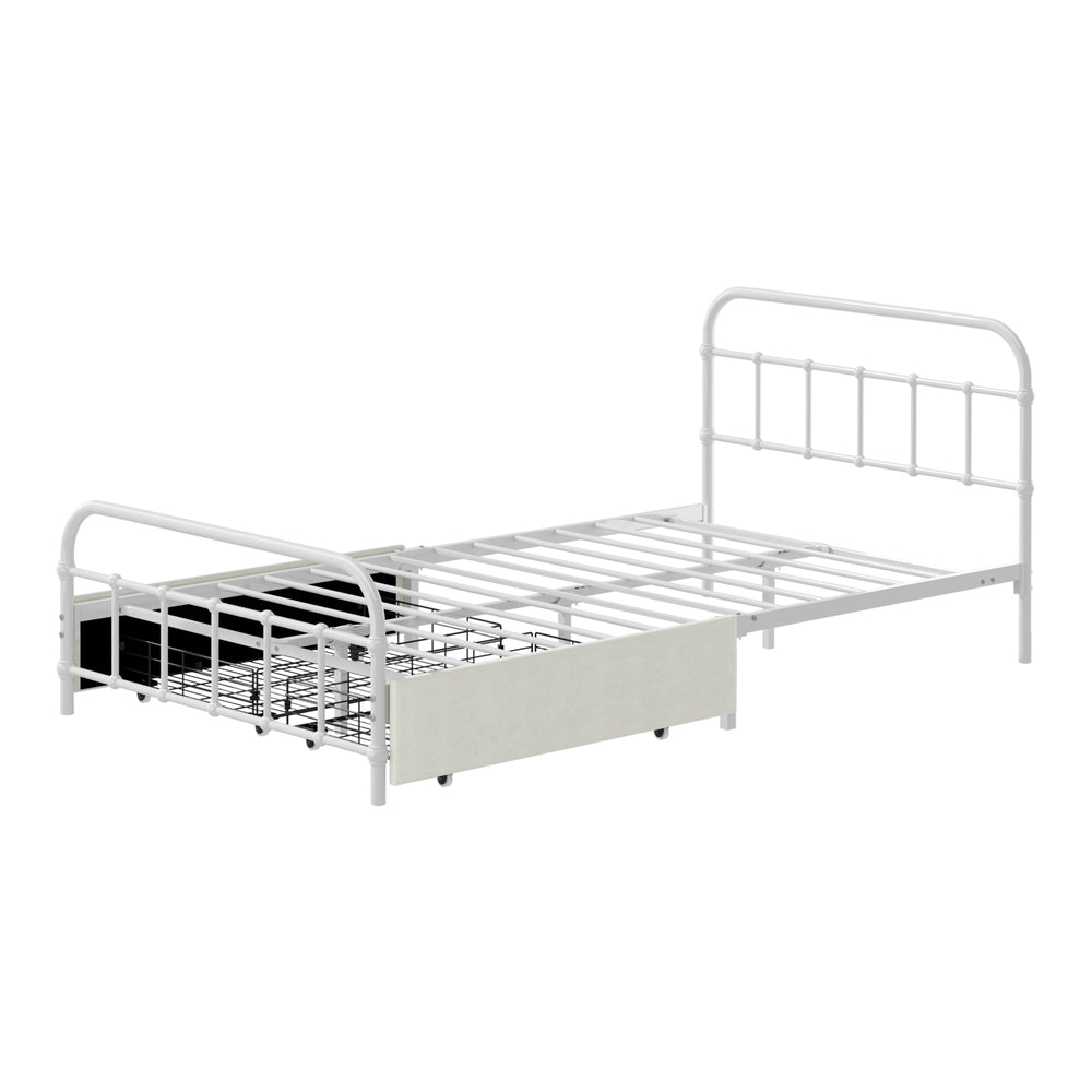 Metal Bed Frame King Single Bed Base with 2 Drawers White