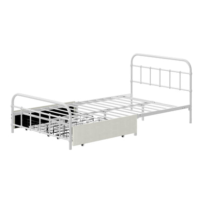 Metal Bed Frame King Single Bed Base with 2 Drawers White