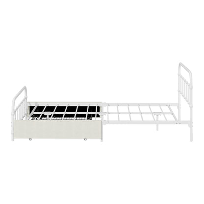 Metal Bed Frame King Single Bed Base with 2 Drawers White