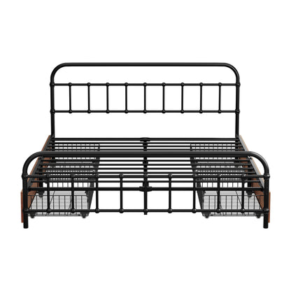 Metal Bed Frame Queen Size Bed Base with 4 Drawers Black