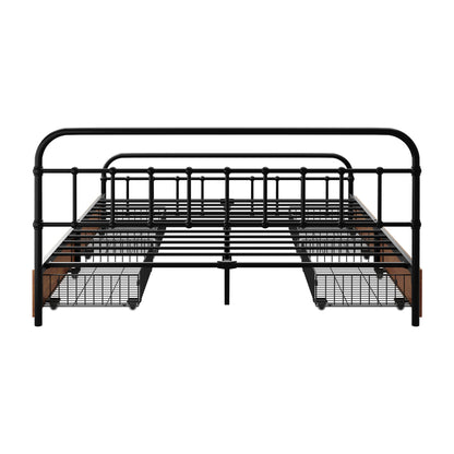 Metal Bed Frame Queen Size Bed Base with 4 Drawers Black