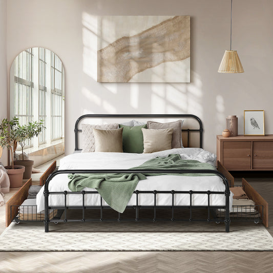 Metal Bed Frame Queen Size Bed Base with 4 Drawers Black