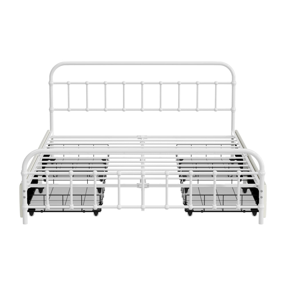 Metal Bed Frame Queen Size Bed Base with 4 Drawers White