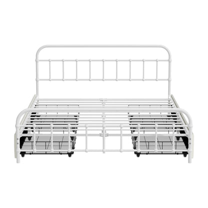 Metal Bed Frame Queen Size Bed Base with 4 Drawers White