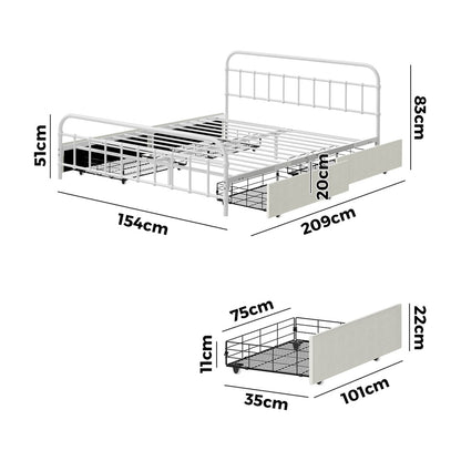 Metal Bed Frame Queen Size Bed Base with 4 Drawers White