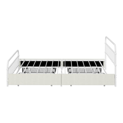 Metal Bed Frame Queen Size Bed Base with 4 Drawers White