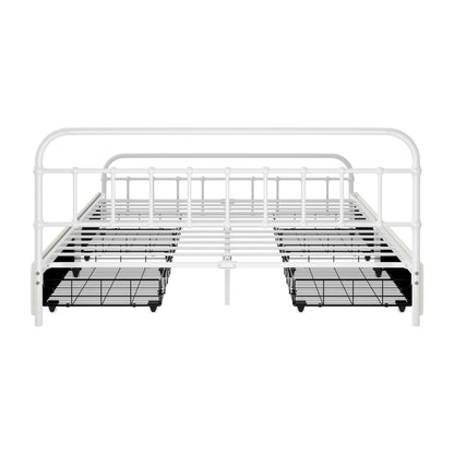 Metal Bed Frame Queen Size Bed Base with 4 Drawers White
