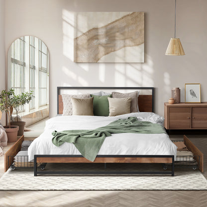 Metal Bed Frame Double Size Bed Base Platform 2 Drawers Black