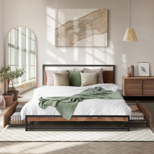 Metal Bed Frame Double Size Bed Base Platform 2 Drawers Black