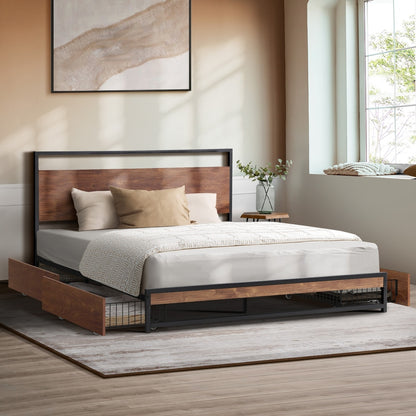 Metal Bed Frame King Size Bed Base Platform 4 Drawers Black