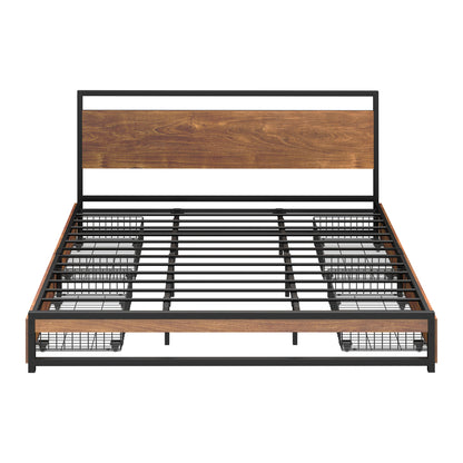 Metal Bed Frame King Size Bed Base Platform 4 Drawers Black