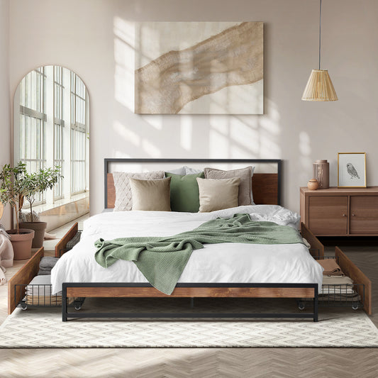 Metal Bed Frame King Size Bed Base Platform 4 Drawers Black