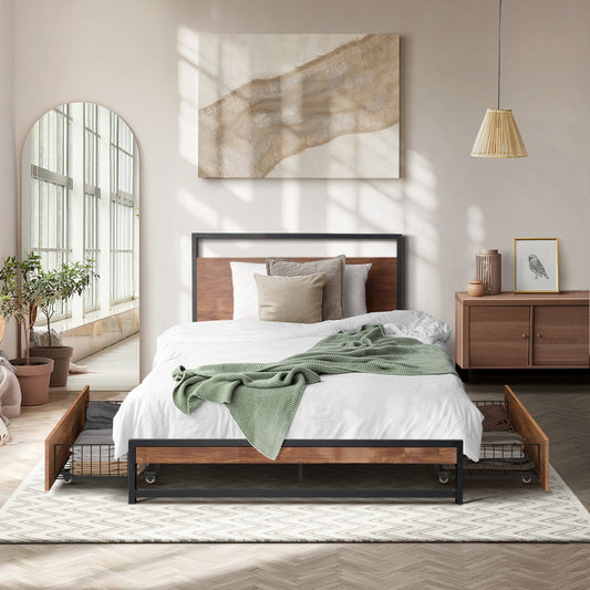 Metal Bed Frame King Single Bed Base Platform 2 Drawers Black